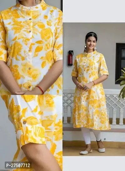 Stylish Yellow Printed Cotton A-Line Kurta-thumb0