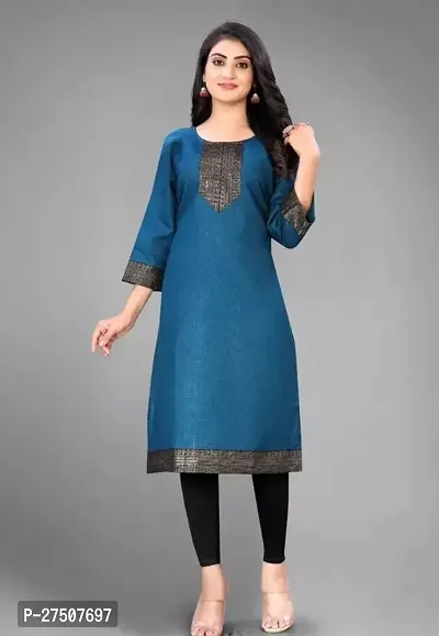 Stylish Blue Embroidered Cotton A-Line Kurta-thumb0