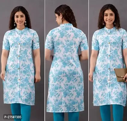 Stylish Blue Printed Cotton A-Line Kurta-thumb0