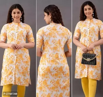 Stylish Yellow Printed Cotton A-Line Kurta-thumb0