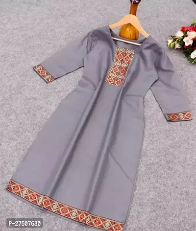 Stylish Grey Embroidered Cotton A-Line Kurta-thumb0