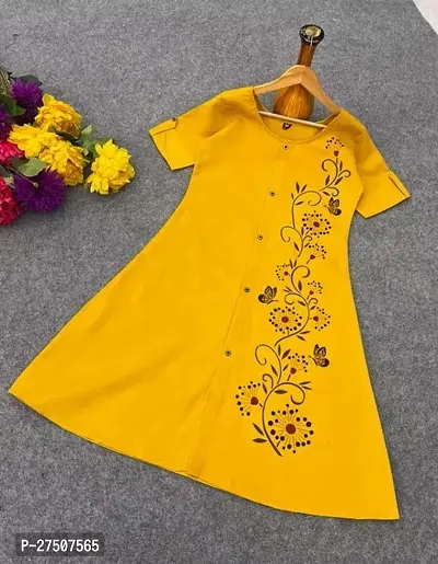 Stylish Yellow Printed Cotton A-Line Kurta-thumb0