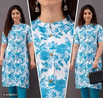 Stylish Blue Printed Cotton A-Line Kurta-thumb0