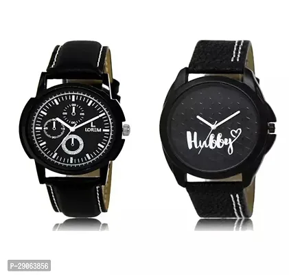 Stylish Black Genuine Leather Analog Watches For Men Pack Of 2-thumb0