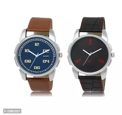 Stylish Multicoloured Genuine Leather Analog Watches For Men Pack Of 2-thumb0