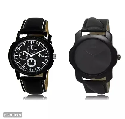 Stylish Black Genuine Leather Analog Watches For Men Pack Of 2