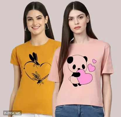 Stylish Polyester Printed Round Neck T-Shirt For Women - Pack Of 2-thumb0