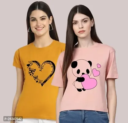 Stylish Polyester Printed Round Neck T-Shirt For Women - Pack Of 2-thumb0