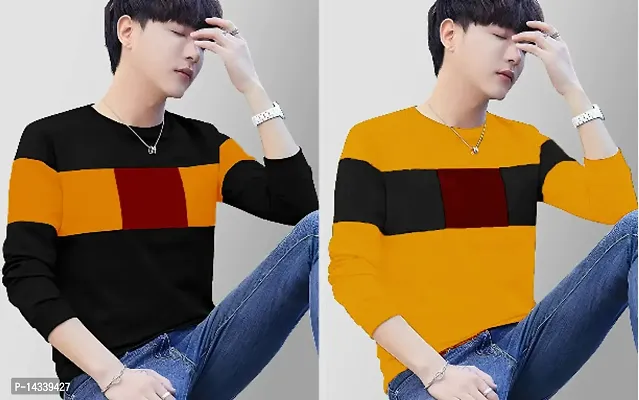 Reliable Black Cotton Blend Colourblocked Round Neck Tees For Men