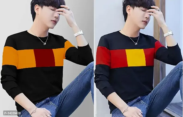 Reliable Black Cotton Blend Colourblocked Round Neck Tees For Men