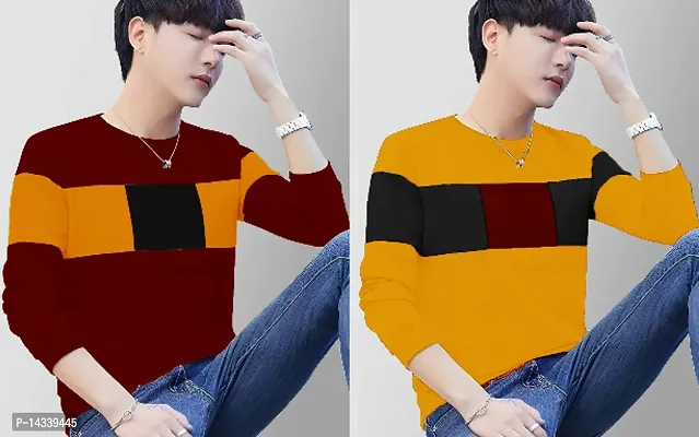 Reliable Yellow Cotton Blend Colourblocked Round Neck Tees For Men