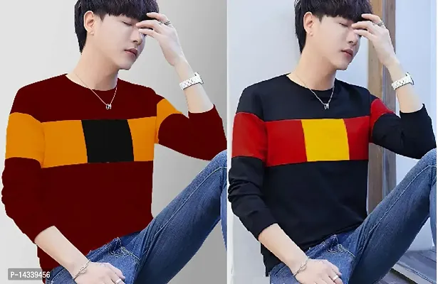 Reliable Maroon Cotton Blend Colourblocked Round Neck Tees For Men