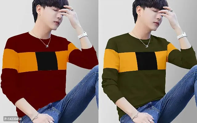 Reliable Olive Cotton Blend Colourblocked Round Neck Tees For Men