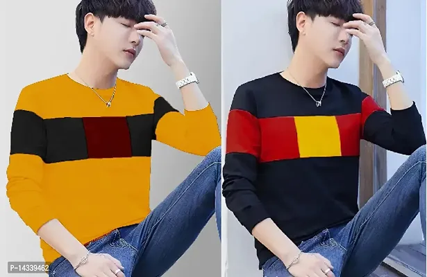 Reliable Yellow Cotton Blend Colourblocked Round Neck Tees For Men