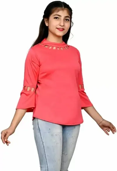 Latest Solid Pattern Bell Sleeve Full Fancy Neck Stylish Waist Length Casual Top for Girls/Women