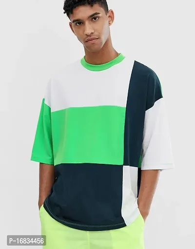 Multicoloured Cotton Colourblocked Round Neck Tees-thumb0