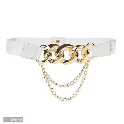 REDHORNS Elastic Fabric Waist Belt for Women Dresses Vintage Linked Chain Design Stretchy Slim Ladies Belt for Saree Girls Jeans - Free Size (GRP-LD8398J_White)-thumb0