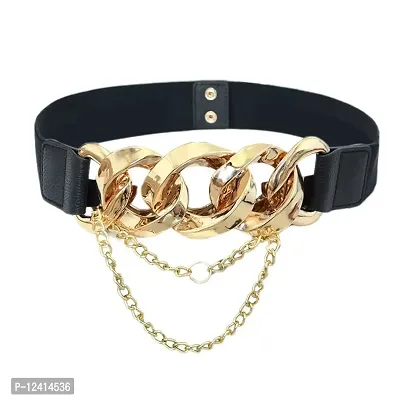 REDHORNS Elastic Fabric Waist Belt for Women Dresses Linked Chain Design Stretchy Ladies Belt for Saree Girls Jeans - Free Size (LD8398_Black)