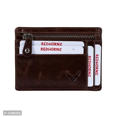 REDHORNS Genuine Leather Card Holder Money Wallet 9-Slot Slim Credit Debit Coin Purse with Key Ring for Men & Women (RD378B_Brown)-thumb0