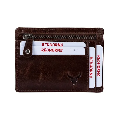 REDHORNS Genuine Leather Card Holder Money Wallet 9-Slot Slim Credit Debit Coin Purse with Key Ring for Men & Women (RD378B_Brown)