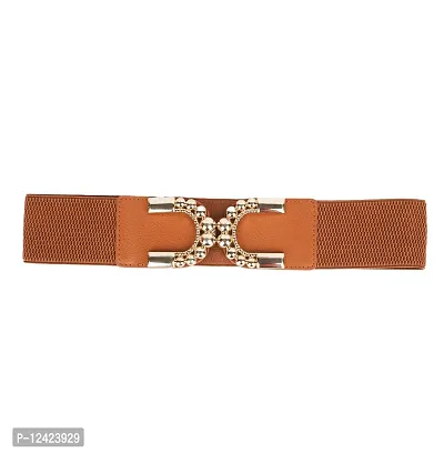 REDHORNS Fabric Elastic Waist Belt for Women Dresses Elegant C-Shaped Design Stretchy Wide Belt for Ladies Saree - Free Size (LD144F_Tan)-thumb5