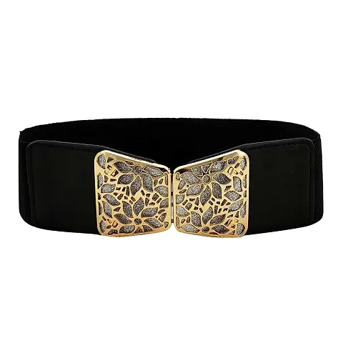 SYGA Women PU Leather Belt Stretchy Waist Belt with Multiple Designs in Metal Buckle, Black - 25-35 Inch