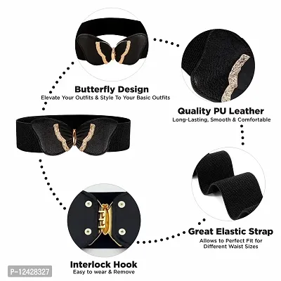 REDHORNS Elastic Fabric Waist Belt for Women Dresses Butterfly Design Stretchy Ladies Belt for Saree Girls Jeans - Free Size (LD83A_Black)-thumb2
