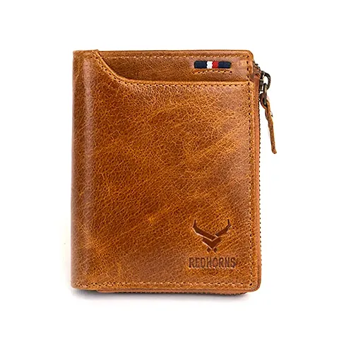 REDHORNS Stylish Genuine Leather Wallet for Men Lightweight Bi-Fold Slim Wallet with Card Holder Slots Purse for Men (1101F_Tan)