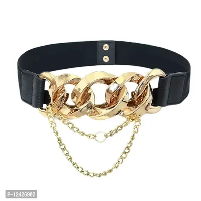 REDHORNS Elastic Fabric Waist Belt for Women Dresses Vintage Linked Chain Design Stretchy Slim Ladies Belt for Saree Girls Jeans - Free Size (GRP-LD8398_Black)-thumb0
