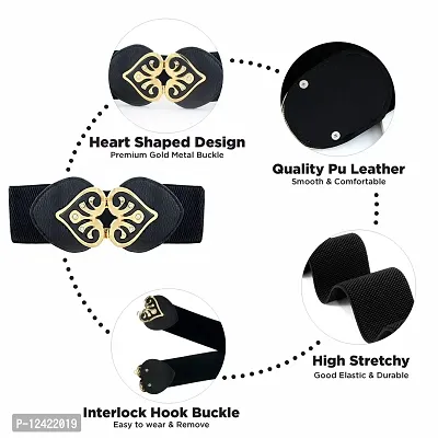 REDHORNS Elastic Fabric Waist Belt for Women Dresses Heart Shaped Design Stretchy Ladies Belt for Saree Girls Jeans - Free Size (LD44A_Black)-thumb2