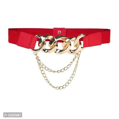 REDHORNS Elastic Fabric Waist Belt for Women Dresses Vintage Linked Chain Design Stretchy Slim Ladies Belt for Saree Girls Jeans - Free Size (GRP-LD8398N_Red)