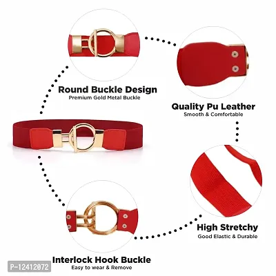 REDHORNS Elastic Fabric Waist Belt for Women Dresses Round Buckle Design Stretchy Wide Ladies Belt for Saree Girls Jeans - Free Size (LD33N_Red)-thumb4
