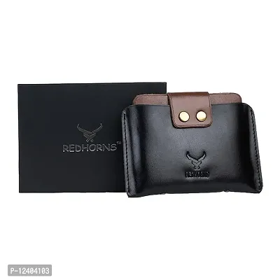 REDHORNS Genuine Leather Regular Mini Wallet Card Holder for Men & Women (Black)-thumb2