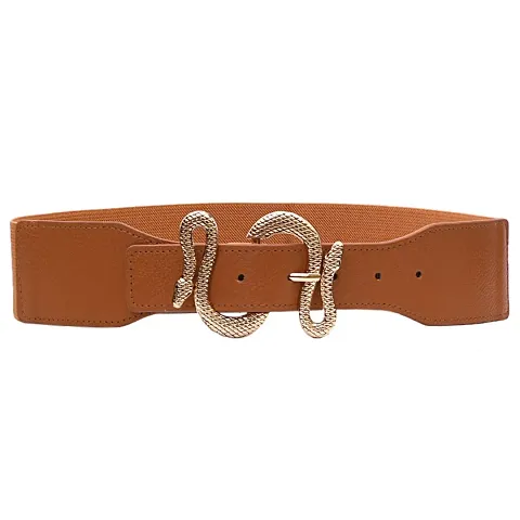 REDHORNS Snake Buckle Design Elastic Fabric Waist Belt for Women Dresses Wide Ladies Belt for Saree Girls Jeans - (LD125B-GLD_Brown/Gold Buckle)