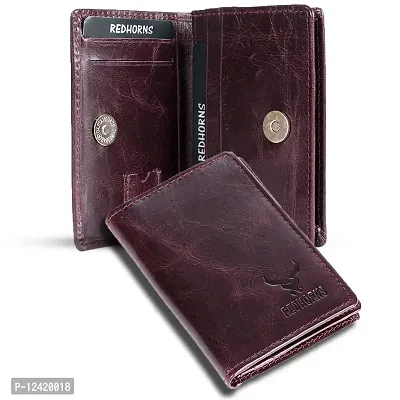 REDHORNS Genuine Leather Bi-fold Card Holder Money Wallet 16-Slot Slim Credit Debit Coin Purse for Men & Women (RD003L_Cherry)-thumb0