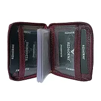 REDHORNS Genuine Leather Zipper Card Holder Money Wallet 16-Slot Slim Credit Debit Coin Purse for Men & Women (RD001_Cherry)-thumb1