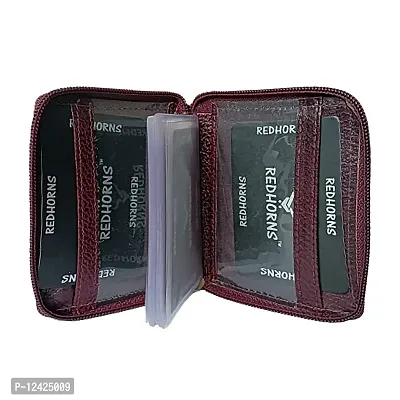 REDHORNS Genuine Leather Zipper Card Holder Money Wallet 16-Slot Slim Credit Debit Coin Purse for Men & Women (RD001_Cherry)-thumb2