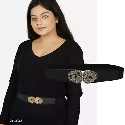 REDHORNS Elastic Fabric Waist Belt for Women Dresses Elegant Design Stretchy Slim Ladies Belt for Saree Girls Jeans - Free Size (LD17BK_Black)-thumb2