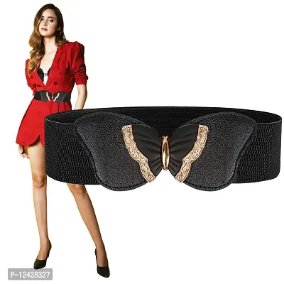 REDHORNS Elastic Fabric Waist Belt for Women Dresses Butterfly Design Stretchy Ladies Belt for Saree Girls Jeans - Free Size (LD83A_Black)-thumb4