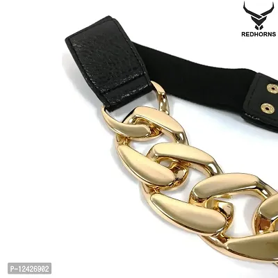 REDHORNS Elastic Fabric Waist Belt for Women Dresses Vintage Linked Chain Design Stretchy Slim Ladies Belt for Saree Girls Jeans - Free Size (GRP-LD8398_Black)-thumb4