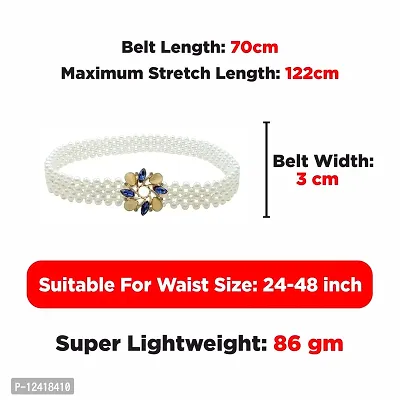 REDHORNS Women's Elastic Pearl Studded Belt Adjustable Ladies Dress Waist Belt Free Size Skirt Belts Floral Design Casual Thin Waistband Belt Women (LD34J_White)-thumb3