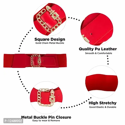 REDHORNS Fabric Women's Elastic Belt Adjustable Ladies Dress Waist Belt Free Size Skirt Belts Square Design Casual Thin Waistband Belt For Women (LD27RD_Red)-thumb2