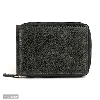 REDHORNS Genuine Leather Zipper Card Holder Green Slim Stylish Credit Debit ATM Holder Wallet Lightweight for Men Women with Gift Premium Pocket Sized