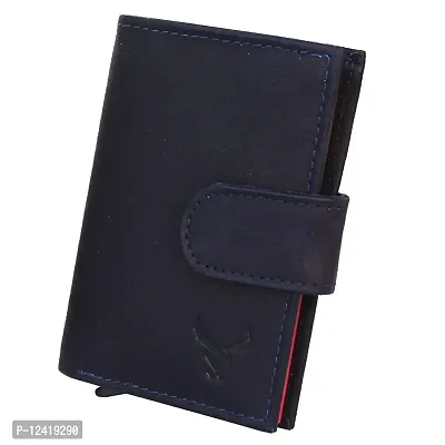 REDHORNS Genuine Leather Pop-Up Card Holder Money Wallet Slim Credit Debit Coin Purse for Men & Women (RD368I_Navy Blue)