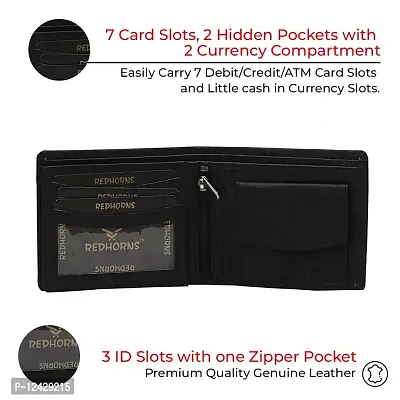 REDHORNS Top Grain Genuine Leather Wallet for Men | Royal Black Ultra Slim  Compact Purse | Handcrafted Ultra Strong Stitching | Zip with 9 Card Slots | Hidden Pockets with ID Slots - WM-621A (Black)-thumb2