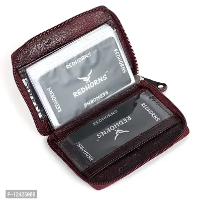 REDHORNS Genuine Leather Zipper Card Holder Money Wallet 16-Slot Slim Credit Debit Coin Purse for Men & Women (RD001_Cherry)-thumb3