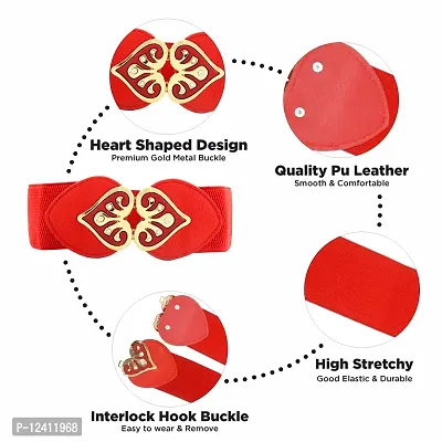 REDHORNS Elastic Fabric Waist Belt for Women Dresses Heart Shaped Design Stretchy Ladies Belt for Saree Girls Jeans - Free Size (LD44N_Red)-thumb2