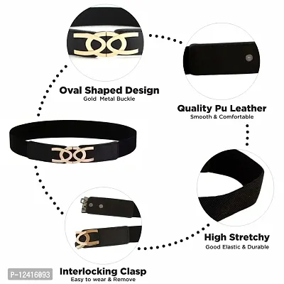 REDHORNS Elastic Fabric Waist Belt for Women Dresses Oval Shaped Design Stretchy Slim Ladies Belt for Saree Girls Jeans - Free Size (LD42A_Black)-thumb2