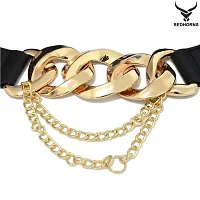 REDHORNS Elastic Fabric Waist Belt for Women Dresses Vintage Linked Chain Design Stretchy Slim Ladies Belt for Saree Girls Jeans - Free Size (GRP-LD8398_Black)-thumb2