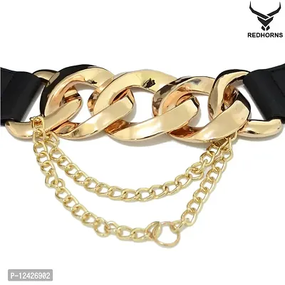 REDHORNS Elastic Fabric Waist Belt for Women Dresses Vintage Linked Chain Design Stretchy Slim Ladies Belt for Saree Girls Jeans - Free Size (GRP-LD8398_Black)-thumb3